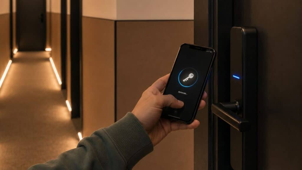Check-in autónomo con móvil en la puerta de una habitación de LEE Hotel, Andorra la Vella
